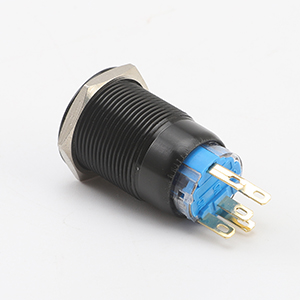 19mm Latching Push Button Switches SPDT ON/Off Waterproof Black Metal 12V Ring LED with Wire Plug Blue